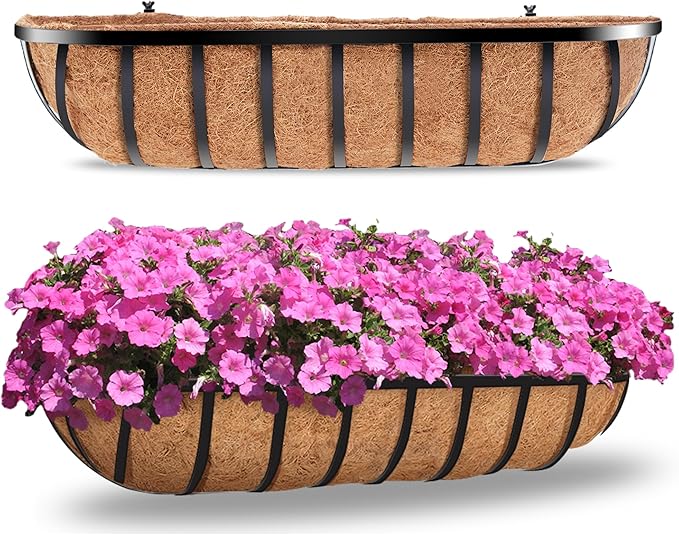Y&M 30'' Large Window Box Railing Planter with Coco Liner,Window Flower Boxes Outdoor Over The Railing Planter Boxes Deck Fence Porch Patio Planter-2 Pack