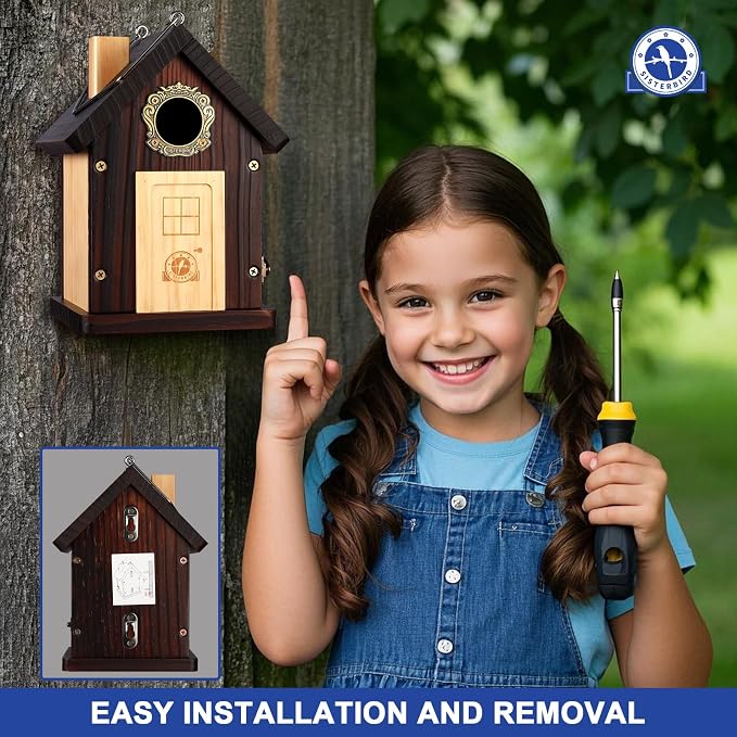 SISTERBIRD Bluebird House, Premium Bird Houses for Outside, Wooden Cabin Blue Bird Houses for Outdoors, Courtyard Decorated Hanging Bird House