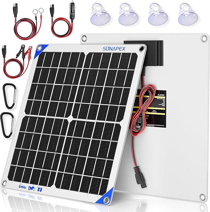 SUNAPEX 12V 20 Watt Solar Trickle Charger Maintainer - Waterproof Solar Powered Battery Charger - Solar Panel Kit Built-in Smart Charge Controller for Car Rv Trailer Truck Boat Automotive Marine