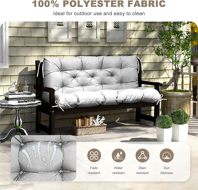 Porch Swing Cushion with Backrest,Waterproof Bench Cushion for Outdoor Furniture,2-3 Seater Replacement Thickened Swing Cushion with Ties,Patio,Outdoor,Backyard and Garden (Light Gray,40x40)