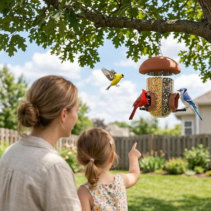 LONA Bird Feeders for Outdoors Hanging – 3 Separate Compartments, 3 Feeding Ports, Weatherproof Dome & 3 Ways to Hang, Large Capacity for Cardinals/Finches (Brown，Plus