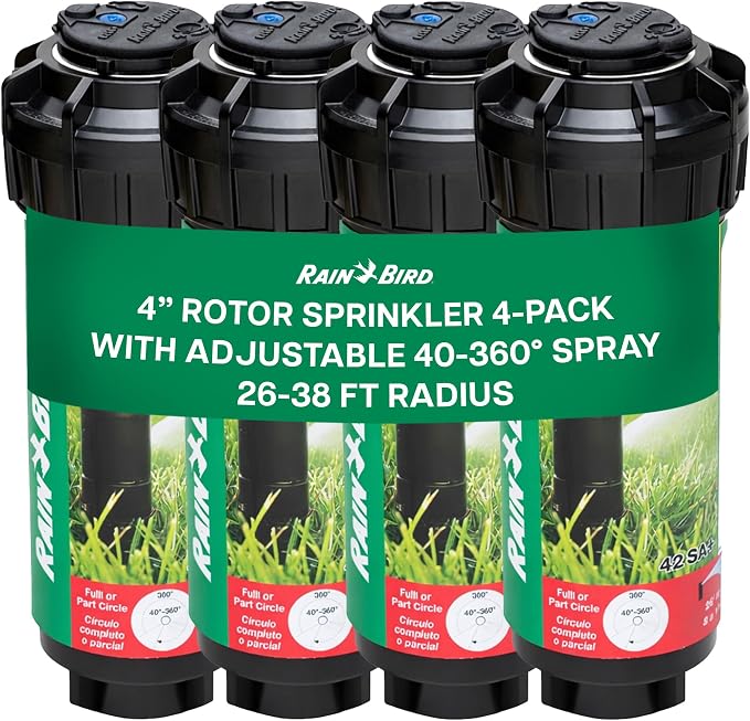 Rain Bird 42SA+ Heavy Duty Simple Adjust Gear Driven Rotor Sprinkler Head, 4 Pack - Water Efficient 4 inch Pop Up Lawn Sprinkler with 3/4 inch NPT, Adjustable 40-360 Degree Arc & 26-38 ft Radius