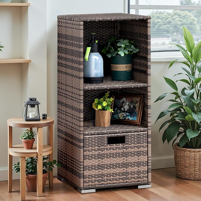 Devoko Outdoor Pool Towel Rack Patio Waterproof Rattan Wicker Storage Cabinet Shed with Shelves & Drawer (Brown)