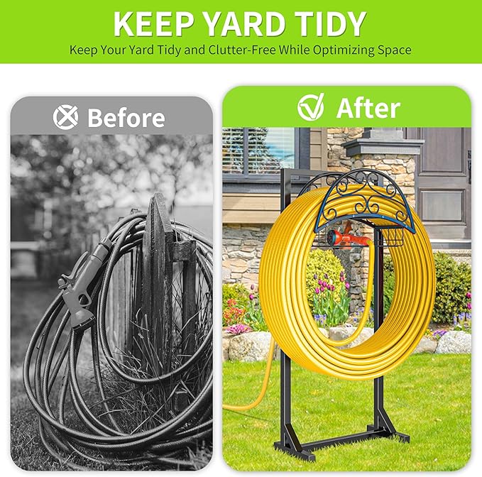 Garden Hose Holder – Freestanding Water Hose Stand with Storage Basket, Sturdy Metal Hanger Heavy-Duty Garden Storage Rack for Outside, Supports 151FT