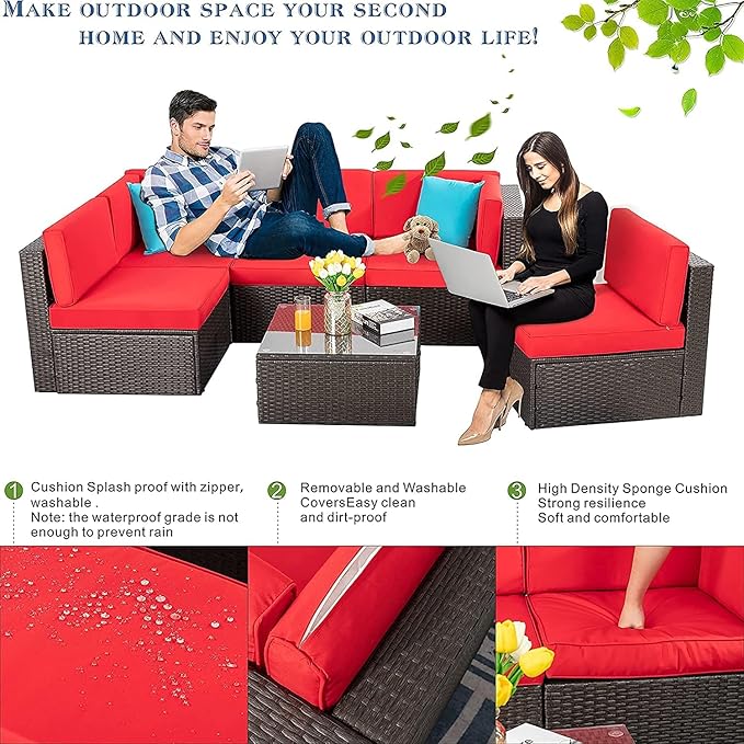 Vongrasig 6 Pieces Patio Furniture Set, Outdoor Sectional Sofa Couch, All Weather PE Rattan Patio Conversation Sets with Coffee Table for Garden, Backyard, Poolside (Red)