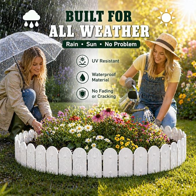 Evelyne Garden Border Edging: Wooden Fence Design - 8pcs White Yard Landscaping Fence Liner Lawn Edge Barrier - 10ft Kit of Decorative Lawn Landscape Panels Elements -Landscaping Edging-GMT-10374-D08