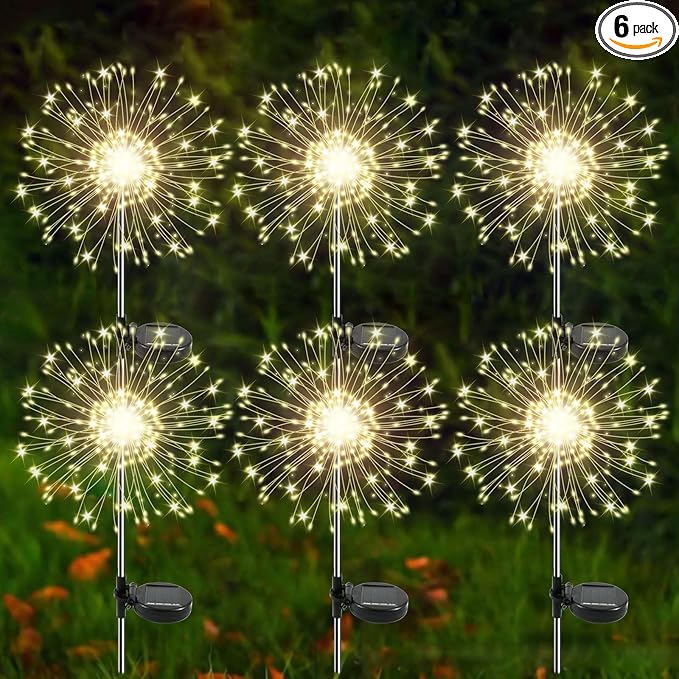 Solar Garden Lights Outdoor, 6 Pack 120 LED Twinkling Firework Lights Decorative with 2 Modes, Outdoor Waterproof Solar Starburst Light for Outside Yard Pathway Garden Decor, Warm White