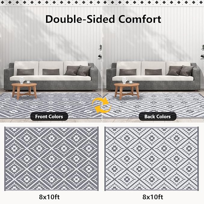 COOLTOP 8'x10’ Outdoor Rug for Patios Porches, Waterproof Plastic Camping Rugs, Modern Reversible Mat, Large Area Rugs for Backyard, Deck, RV, Balcony, Picnic, Beach, Grey & White
