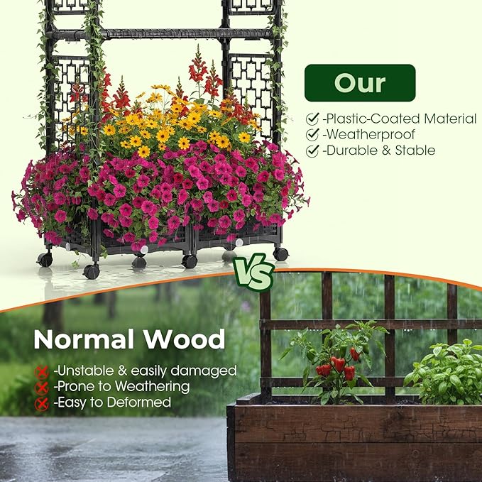 71"x16"x32" Planter Box with Trellis, 3-in-1 Self-Watering Planter Box with Wheels for Patio,Raised Garden Bed with Trellis, Drainage Holes & Metal Storage Rack for Vine Climbing Plants