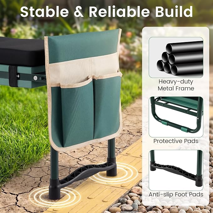 2-in-1 Garden Kneeler and Seat, Folding Garden Seat w/EVA Foam Kneeling Pad & Removable Tools Pouch, Sturdy Steel Frame, No Assembly, Portable Heavy Duty Garden Stool w/Detachable Armrests