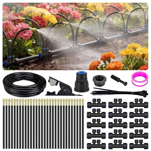 Drip Irrigation System 2 Ports - 360°Adjustable Garden Watering System 50FT with 30 Nozzles, Drip Irrigation Kit for Garden, Yard, Lawn, Greenhouse, Plants, 2/5 inch Hose