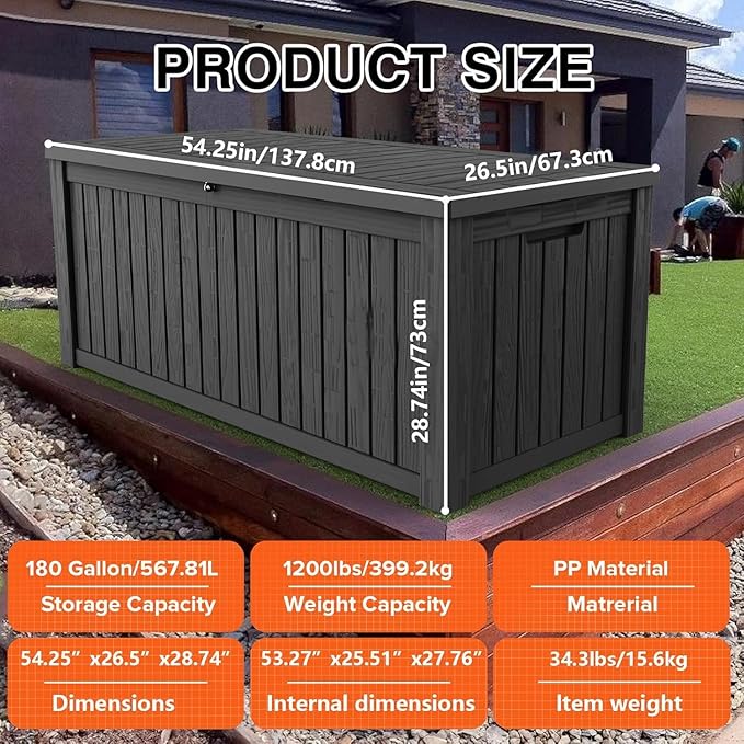 Outdoor Storage Deck Box Waterproof, 180 Gallon Large Lockable Patio Storage Bin Chest, Resin Outside Container Seat Bench for Furniture Cushions, Pool Accessories, Garden Tools & Delivery, Black