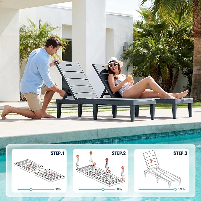 Devoko Outdoor Chaise Lounge Chair Set of 2 with 5-Position Adjustable Back, Waterproof & Lightweight PP Lounge Chairs for Outside Pool Patio (Light Grey)