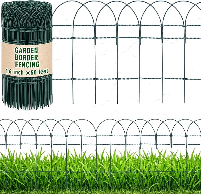Roowest 16" x 50' Green Garden Border Fence, Metal Wire Folding Fence Roll for Outdoor Yard, Patio & Flower Bed Edging, No-dig Animal Barrier, Rustproof Decorative Landscape Fencing