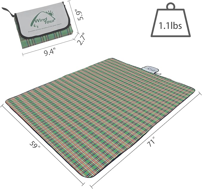Wind Tour Waterproof Picnic Blanket with Carry Strap - Foldable Sandproof Outdoor Mat for Camping, Beach, Park - 59" x 71",Green(Single Mat)
