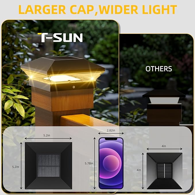 T-SUN Solar Post Cap Lights Outdoor 2 Pack, 2 Modes LED Fence Post Solar Lights Fit for 4x4 5x5 6x6 Vinyl/Wooden Posts, Waterproof Deck Post Lights Solar Powered for Garden Patio Gate Porch