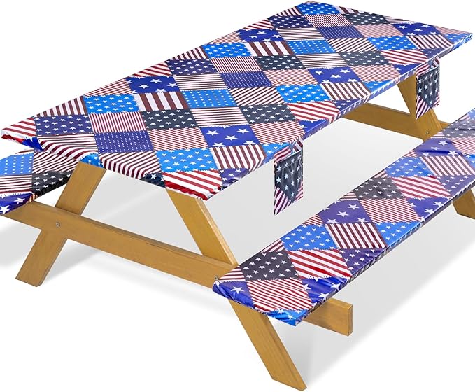 Fitted Waterproof Picnic Table Cover with Bench Covers Elastic 96×30Inch Weather Proof Non Slip Camping Table Clothes for 8Feet Rectangle Tables Campers Summer Fall Travel Hiking Tools Gifts