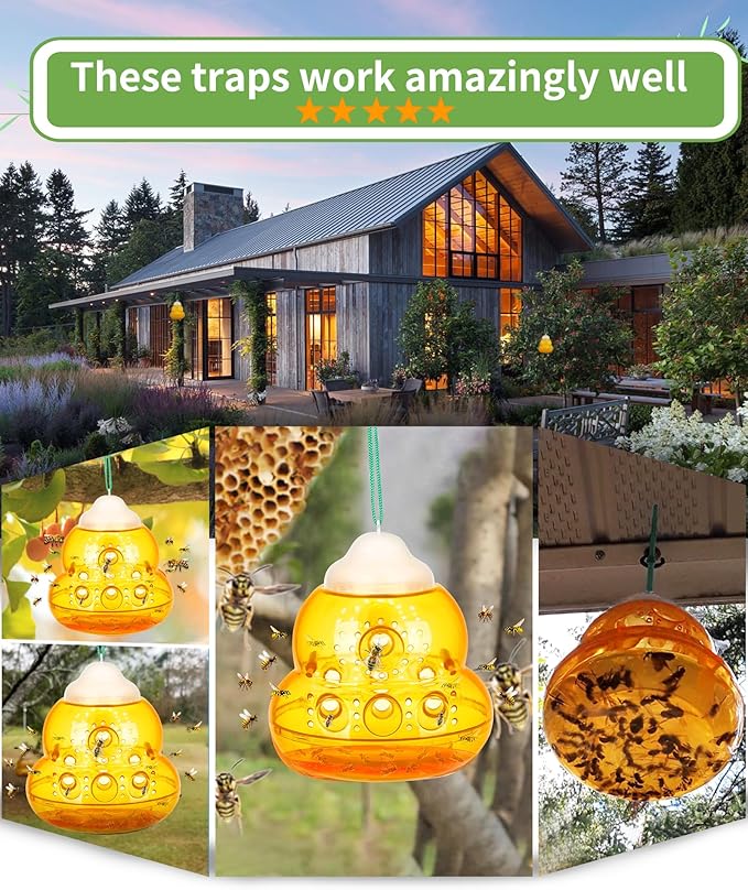 Wasp Trap, Bee Trap Catcher, Outdoor Hanging Wasp Trap, Non-Toxic Reusable Yellow Jacket & Hornet Catcher, Orange - 2 Pack, Safe and Easy to Use