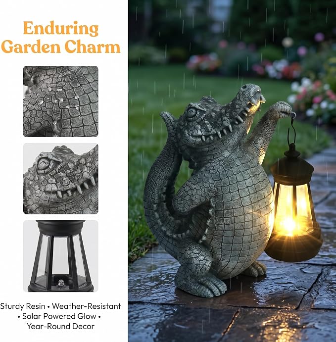 Alligator Solar Garden Decor Outdoor Statue, Crocodile Solar Garden Statues Yard Decorations with Lamp for Outdoor Decor, Unique Yard Art Lawn Sculpture Ornament for Front Porch Patio