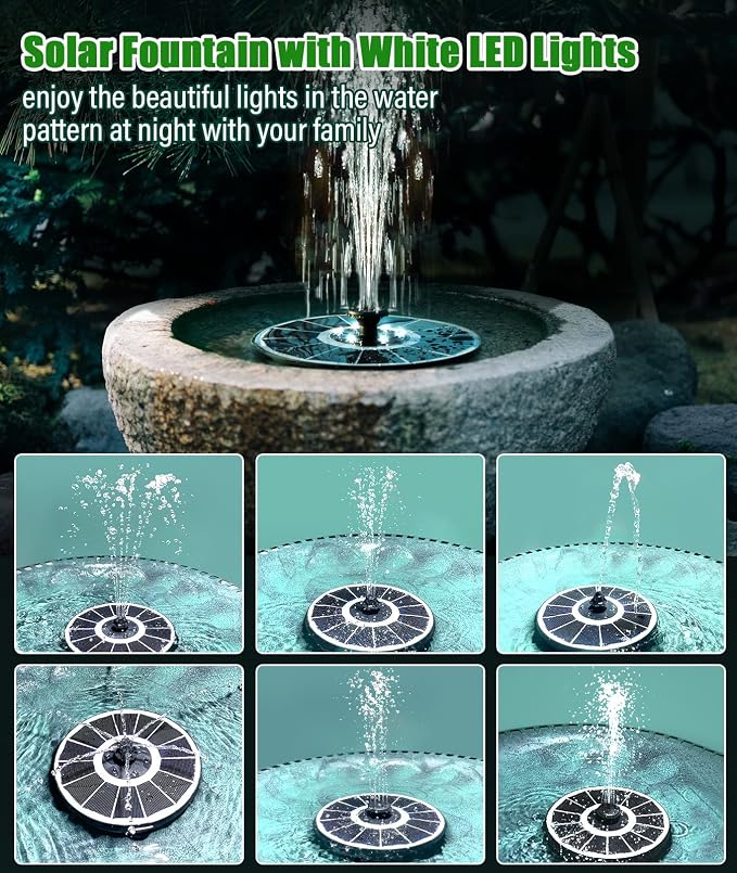 SZMP Solar Fountain Upgraded 100% Glass Panel, 3.5W Floating Solar Powered Water Pump Built-in 2000 Battery with 7 Nozzle & 4 Fixer, Solar Bird Bath Fountains for Garden, Pond, Outdoor