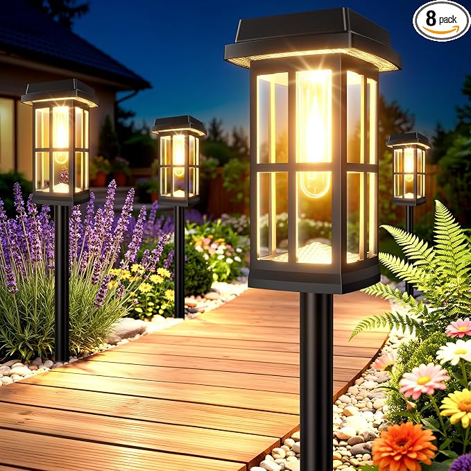 Ahaorigin 8 Pack Solar Pathway Lights Outdoor, 2 Lighting Modes Waterproof Solar Lights Outdoor, Sturdy Metal Rods, Brighter Up to 15Hrs Outdoor Path Lights for Yard Walkway Driveway Sidewalk Garden