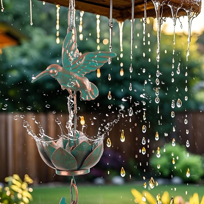 Rain Chain for Gutters Downspouts Outside,8.8ft Hummingbird Rain Chain with 12 Copper Lotus Rain Chain Cups,Functional and Decorative Replacement