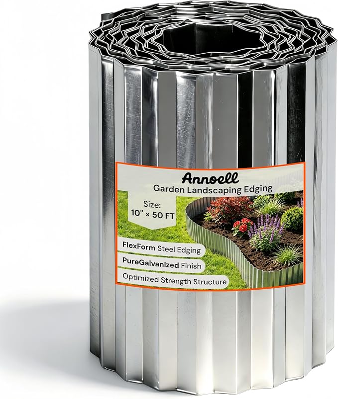 Corrugated Metal Garden Edging 10" x 50 ft, Landscape Edging Border | Fully Hemmed Edges, Galvanized Steel, Flexible Lawn Edging for Tree Rings, Flower Beds, Gravel Paths and Garden Borders