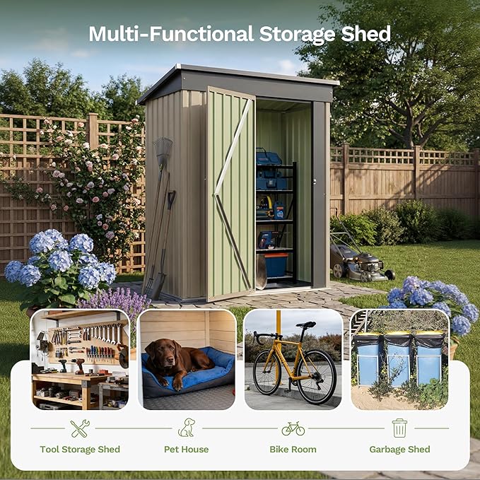 Greesum 5x3FT Outdoor Storage Shed with Base, Utility Tool Shed with Sloping Roof, Metal Storaged Garden Shed with Door & Lock for Patio Storage, Brown