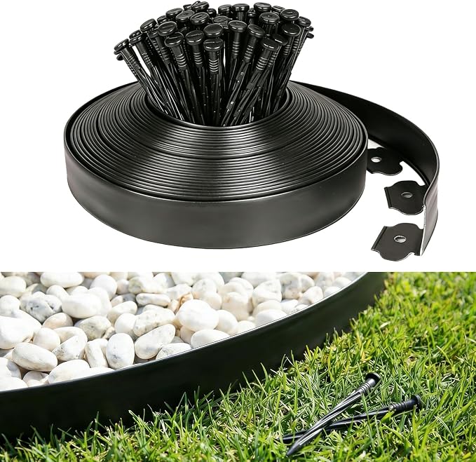 Hugeleaf Landscape Edging 2 Inch Tall 60 Feet Garden Edging Border with 60pcs Stakes, Plastic Edging for Landscaping,Lawn,Flower Beds, Paver Edging (Black)