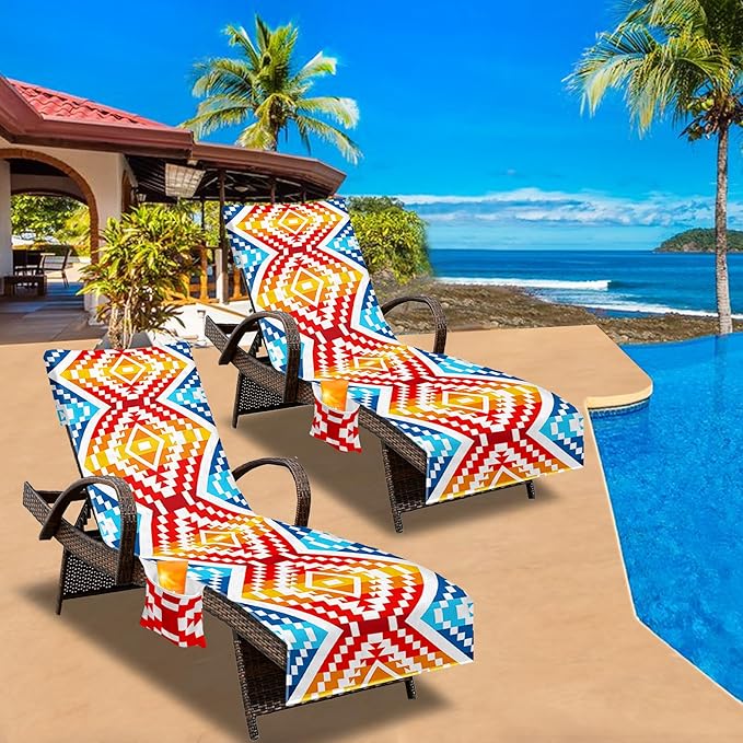 Lounge Chair Towel Cover, Beach Chair Cover (Pack of 2), Pool Lounge Chair Covers for Outdoor,Garden, Beach,Sun Lounger,Hotel Pool,Large Size and No Sliding, 85" X 30", Orange Red Rhombus