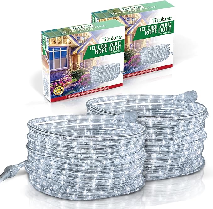 Tupkee LED Rope Light Cool-White - 24 Feet (7.3 m), for Indoor and Outdoor use - 10MM Diameter - 144 LED Long Life Bulbs Decorative Rope Tube Lights - Pack of 2