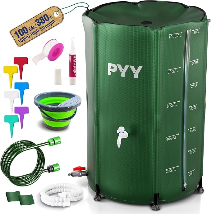 PYY Rain Water Collection Barrel - 100 Gallon Green Large Water Storage Tank with Spigots, Portable Rain Catcher to Collect Rainwater from Gutter, Plastic Rain Catchment System with Collapsible Bucket
