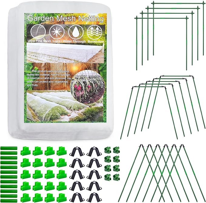 U0U Garden Mesh Netting Kit,Garden Netting Kit for Raised Beds,7.8 x 24 Ft Ultra Fine Mesh Net with Garden Hoops,Bird Netting Protection for Vegetable Plants Birds Animals Protection (White)