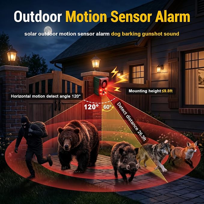 ChunHee Solar Outdoor Motion Sensor Alarm with Dog Barking Gunshot Sound, Support Recording and Adjustable Volume, 130db Loud Noise Maker 3 Work Modes Strobe Light for Home, Villa, Farm, Barn (3pack)