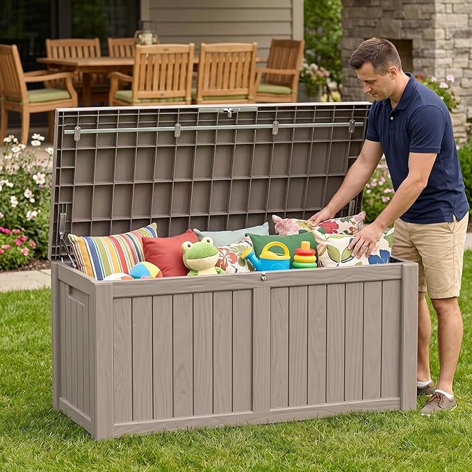 120 Gallon Outdoor Storage Box - Waterproof Resin Deck Box with Stainless Steel Rods - Lockable & UV Resistant Storage Bin for Patio Cushions & Garden Tools - Stylish Grey Design