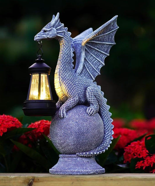 Solar Garden Dragon Statue: Outdoor Figurine with Lantern Lights | Weatherproof Resin Decorations, Home Yard Lawn Porch Balcony Patio Decor,Birthday Gifts for Mom Women Grandma