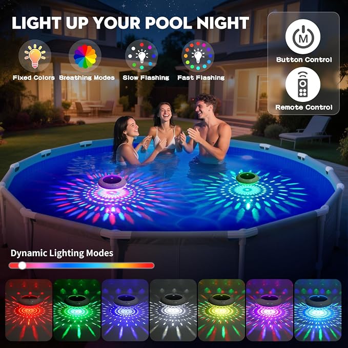 Floating Pool Lights with Remote, 6.5 Inch RGB Solar Pool Lights with 9 Dynamic Lighting, IP68 Waterproof, Hangable Solar Floating Light for Pools Party Garden (2 Pack)