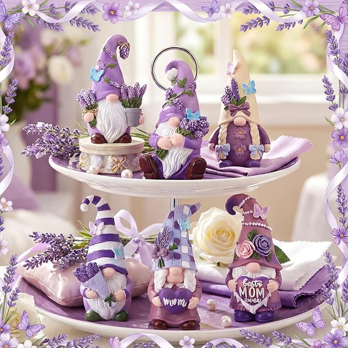 Simgoing 6 Pcs Mother's Day Gnomes Resin Purple Lavender Figurines Best Mom Ever Lavender Gnomes Statues Table Decor Gift for Mom Spring Home Tabletop Centerpieces Mothers Day Tiered Tray Decoration