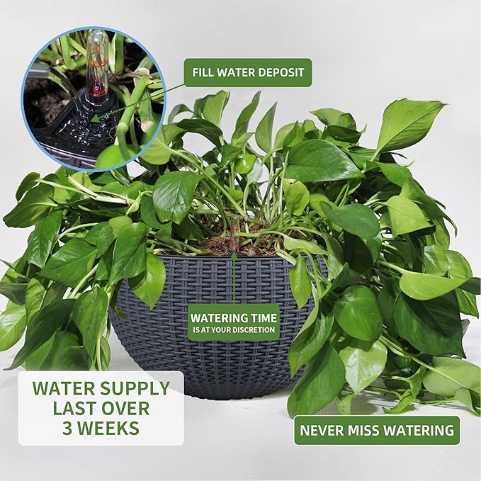 Dexceder 13.5 Inch Self Watering Hanging Planter (Gray) | Thickened Large Hanging Basket Flower Plant Pot with Water Level Indicator Indoor Outdoor