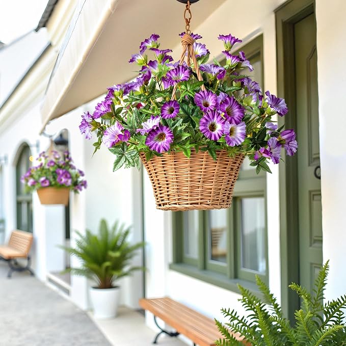 Dark Purple Artificial Morning Glory Flowers for Outdoor Planters, Premium UV Resistant Silk Faux Flowers for Porch, Hanging Basket & Window Box, Elegant Garden Decor, No Pot, 13.3 Inch, 4 Bundles