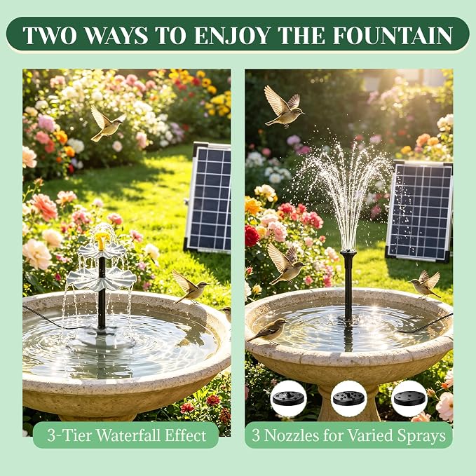 9V 6W Solar Fountain, Solar Water Pump with 3 Nozzles & 9.84ft Cable, Cascading Solar Fountain Solar Bird Bath Fountain for Small Pond, Patio, Garden, Outdoor Water Feature