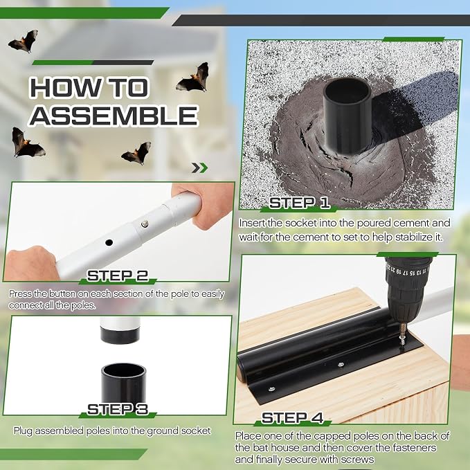 Yaocom 15FT Telescoping Bat House Pole Kit Include Bat House, Ground Socket for Outdoor