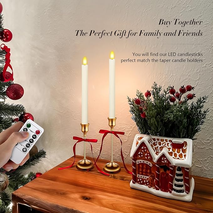 KSWING 2 PCS Upgraded Real Wax LED Flameless Taper Candles with Remote, White Candlesticks Battery Operated Flickering - 9.6” Long Realistic Fake Candle Sticks for Home/Wedding/Fireplace Xmas Decor