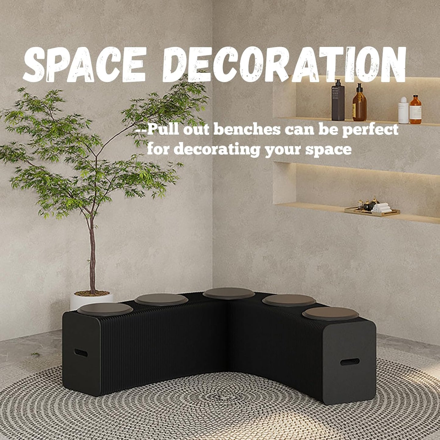 Foldable Kraft Paper Stool, Honeycomb Accordion Folding Bench, Collapsible Paper Stool for Small Spaces, Portable Footrest and Side Table for Living Room and Office,Black-30×30×300cm