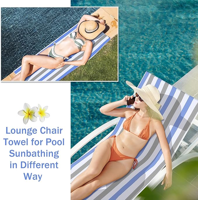 Fumete 2 Pack Lounge Chair Covers 30 x 85 Inch Pool Chaise Lounge Towels Microfiber Beach Chair Towel Portable Striped Outdoor Patio Furniture Cover for Sunbathing Picnic Spa (Blue and Grey)