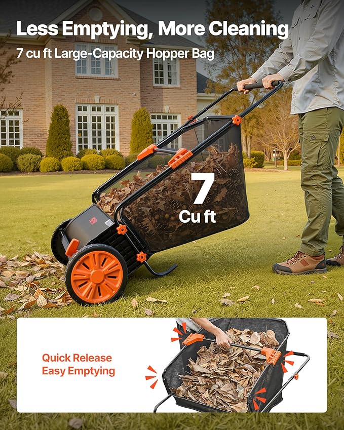 VEVOR Push Lawn Sweeper, 26 in Leaf & Grass Collector with 7 cu. ft. Hopper Bag, Adjustable Brush Height & Spinning Brushes, Heavy Duty Yard Sweeper with Rubber Wheels for Leaves Grass Cleanup