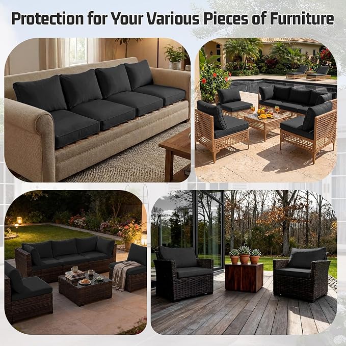 12pcs Outdoor Patio Cushion Covers Replacement, 25.6" Zippered Outdoor Cushion Covers Waterproof, UV Resistant & Washable Patio Furniture Cushion Covers Waterproof for Patio Sectional, Black