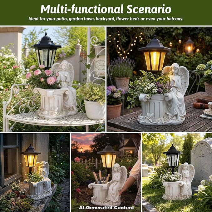 Solar Angel Outdoor Statues, Garden Sculptures with Lantern & Flower Pot, Angel Figurines for Yard Lawn Porch Patio Balcony Decor- Gifts for Women Mom Grandma