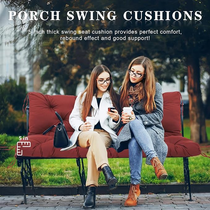 Porch Swing Cushions Outdoor, 5 Inch Thick Waterproof 2-3 Seater Replacement Swing Cushion with Backrest and Anti-Slip Ties, Perfect for Porch, Patio, Garden, Outdoor Bench Furniture, 40×40×5 Inch