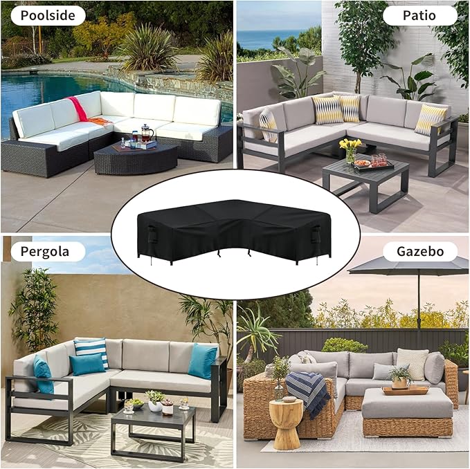 PureFit Outdoor Sectional Sofa Cover Waterproof V Shaped Patio Furniture Covers for Deck, Lawn and Backyard, 100”x100”, Black